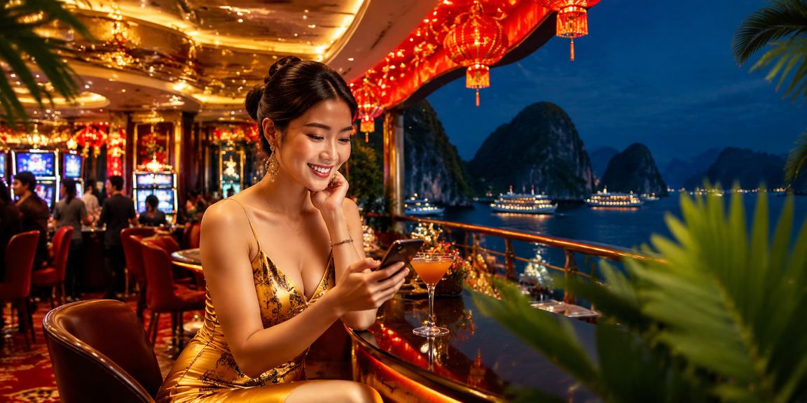 Người chơi tại vịnh Hạ Long sử dụng ứng dụng casino km888 trên điện thoại trong dịp Tết